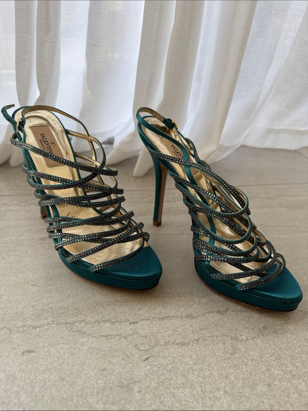 Valentino Teal Crystal Strappy Stiletto Sandals